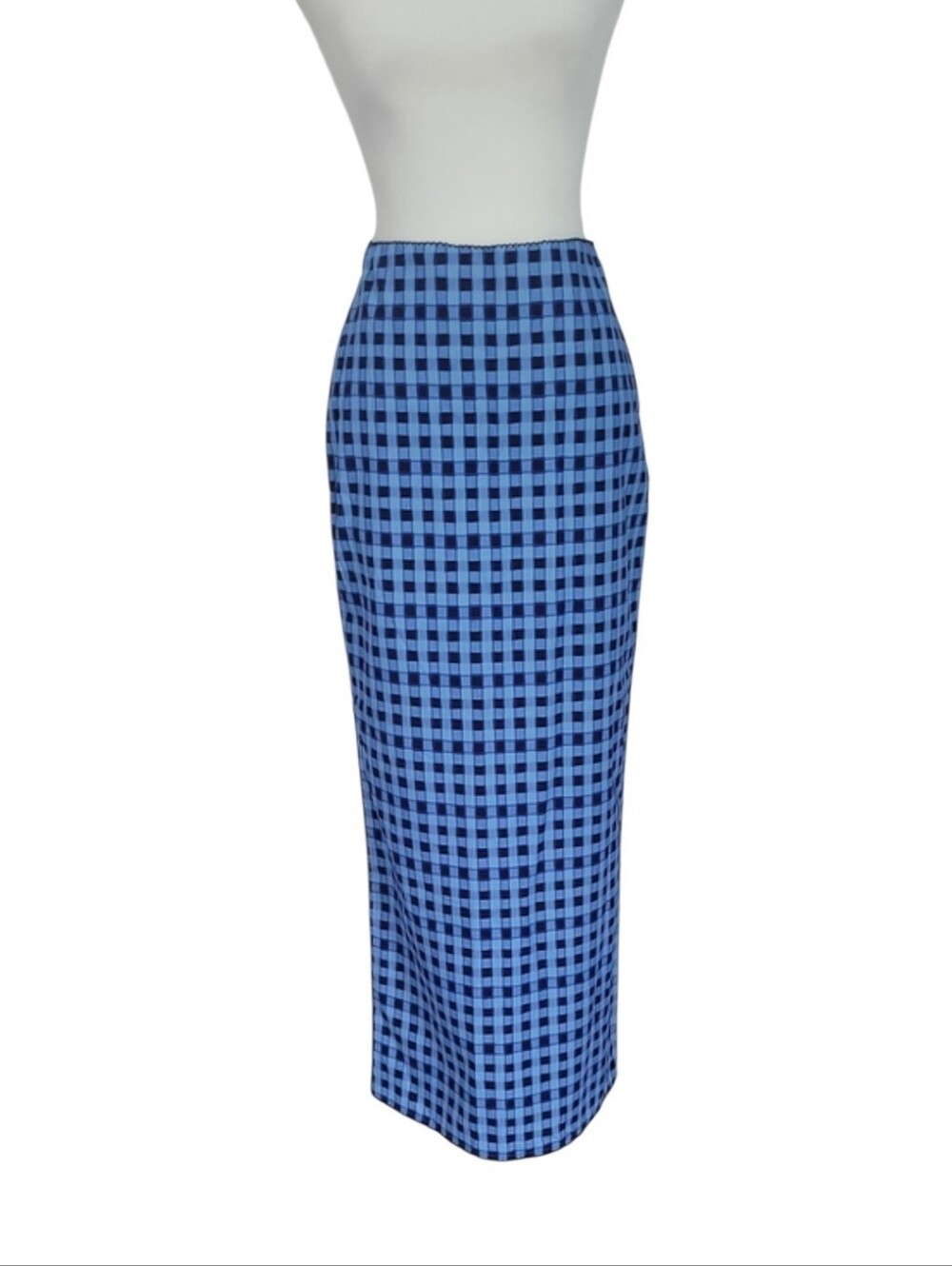 De Loreta Blue Gingham Maxi Skirt Pencil Silhouette Side Slit NWOT Size S